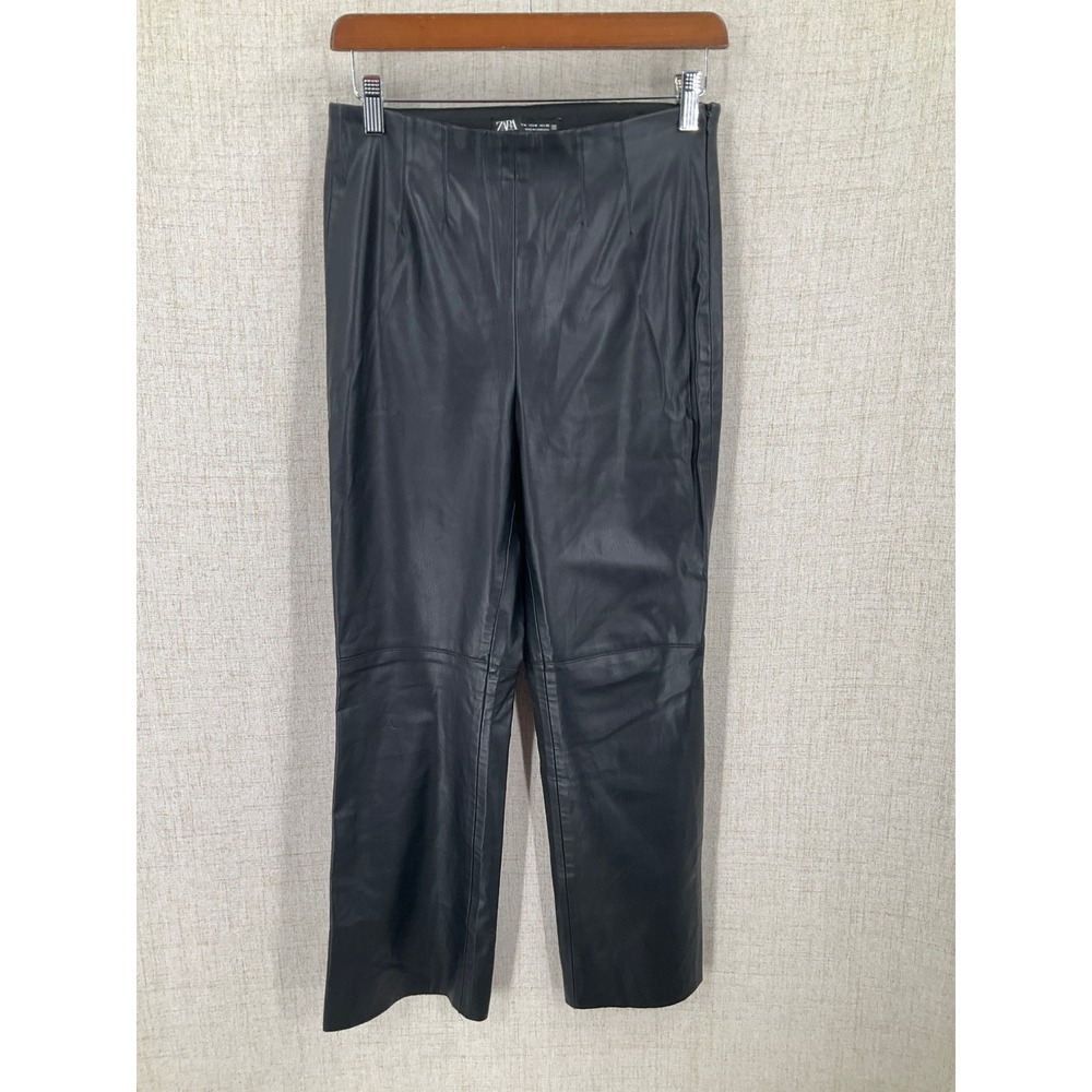 Zara Faux Leather Pants Women Size M Black High Rise Straight Leg Boho‎ Edgy